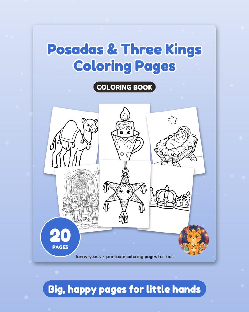 Puede incluir: Un libro para colorear titulado Posadas & Three Kings Coloring Pages con 20 p&aacute;ginas. La portada muestra ilustraciones en blanco y negro de un camello, una vela en una taza, un beb&eacute; en un pesebre, ni&ntilde;os, una pi&ntilde;ata de estrella y coronas.