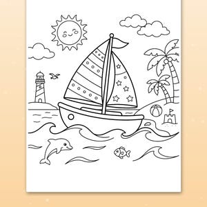 May include: A black and white coloring page featuring a sailboat on the ocean, a lighthouse, palm trees, a sun with a face, a dolphin, and a fish. The text at the bottom reads Big spaces for little hands.