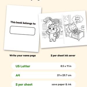 May include: A coloring book page set featuring a 'This book belongs to' name page and a 2 per sheet ink saver page with cat illustrations. Text includes 'Bonus pages & formats', 'US Letter 8.5 x 11 in', 'A4 21 x 29.7 cm', and '2 per sheet save paper & ink'.