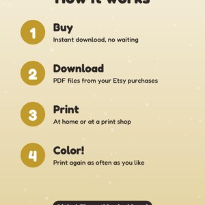 May include: An instructional graphic titled How it works with four numbered gold circles. Steps include: 1 Buy, 2 Download PDF files from your Etsy purchases, 3 Print at home or at a print shop, 4 Colour! Print again as often as you like. Digital file: nothing is shipped.
