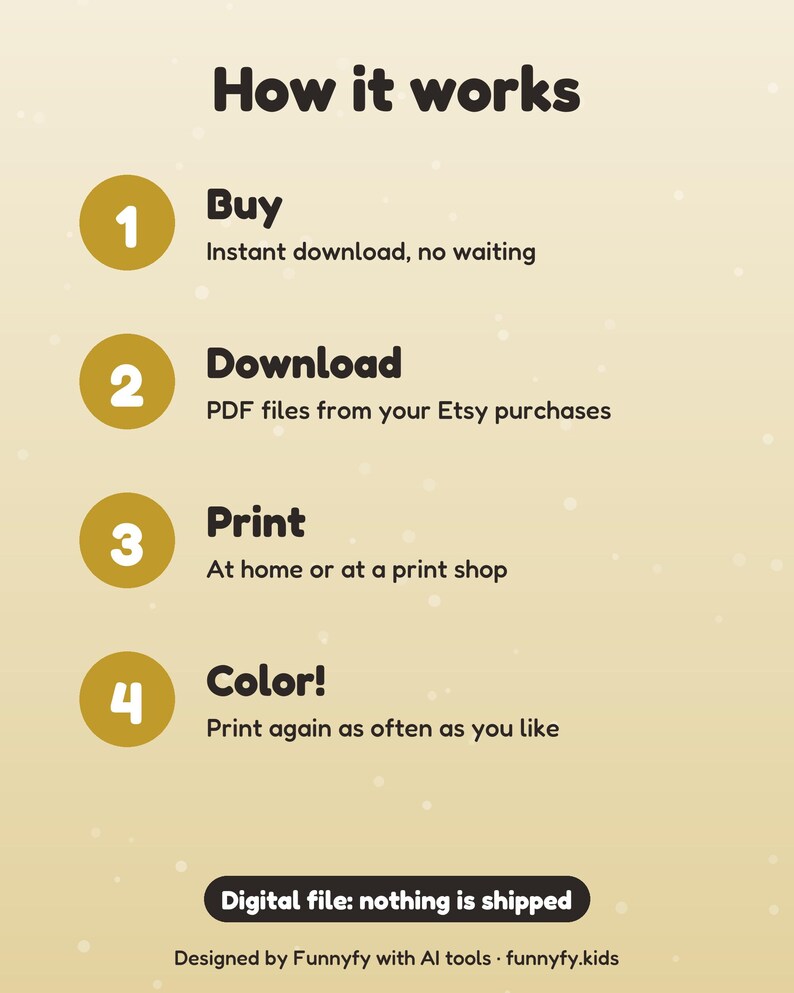 May include: An instructional graphic titled How it works with four numbered gold circles. Steps include: 1 Buy, 2 Download PDF files from your Etsy purchases, 3 Print at home or at a print shop, 4 Colour! Print again as often as you like. Digital file: nothing is shipped.