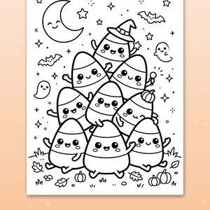 May include: A black and white coloring page featuring a group of smiling candy corn characters, one wearing a witch hat, surrounded by ghosts, bats, stars, a crescent moon, and small pumpkins on the ground. The text reads Cute scenes kids love.