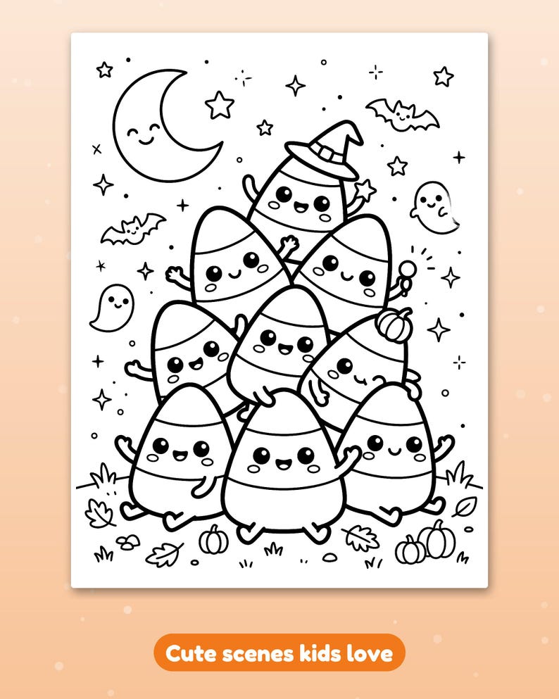 May include: A black and white coloring page featuring a group of smiling candy corn characters, one wearing a witch hat, surrounded by ghosts, bats, stars, a crescent moon, and small pumpkins on the ground. The text reads Cute scenes kids love.