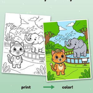 Peut inclure: Un ensemble de pages &agrave; colorier avec une feuille en noir et blanc et une version color&eacute;e montrant un chat orange avec un chapeau de safari pr&egrave;s d'un &eacute;l&eacute;phant qui projette de l'eau. Le texte indique Color it your way! print color!