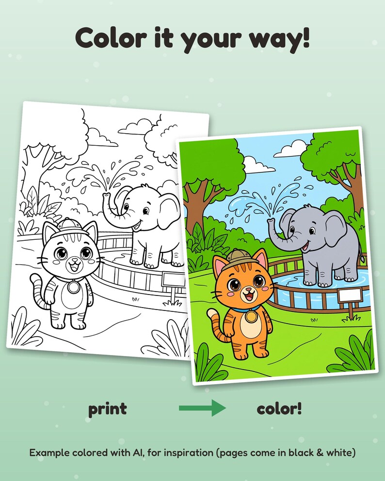 Peut inclure: Un ensemble de pages &agrave; colorier avec une feuille en noir et blanc et une version color&eacute;e montrant un chat orange avec un chapeau de safari pr&egrave;s d'un &eacute;l&eacute;phant qui projette de l'eau. Le texte indique Color it your way! print color!