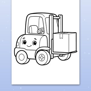 Op de afbeelding: Een zwart-wit kleurplaat met een cartoon vorkheftruck met een lachend gezicht, grote ogen en een stuurwiel in de cabine. De vorkheftruck draagt een vierkante doos op de vorken en is getekend met dikke, opvallende zwarte lijnen.