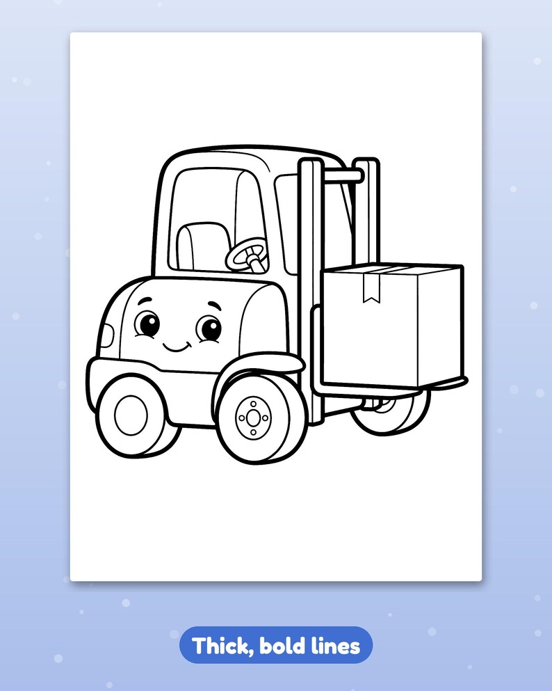 Op de afbeelding: Een zwart-wit kleurplaat met een cartoon vorkheftruck met een lachend gezicht, grote ogen en een stuurwiel in de cabine. De vorkheftruck draagt een vierkante doos op de vorken en is getekend met dikke, opvallende zwarte lijnen.