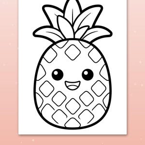 May include: A black and white coloring page featuring a cartoon pineapple with a smiling face, large eyes, and a leafy top. The design has thick outlines and simple geometric shapes. Below the illustration, the text reads: Big spaces for little hands.