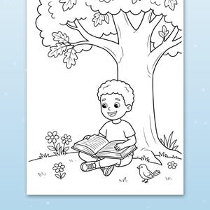 May include: A black and white colouring page illustration featuring a child with curly hair sitting under a large tree reading an open book. A small bird stands on the grass nearby, and several simple flowers are drawn on the ground.
