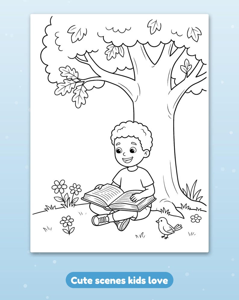 May include: A black and white colouring page illustration featuring a child with curly hair sitting under a large tree reading an open book. A small bird stands on the grass nearby, and several simple flowers are drawn on the ground.