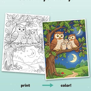 K&ouml;nnte beinhalten: Eine Malvorlage mit einer Eulenfamilie auf einem Eichenast unter einer Mondsichel. Das Bild enth&auml;lt den Text 'Color it your way!', 'print' und 'color!' sowie den Hinweis, dass die Seiten in Schwarz-Wei&szlig; geliefert werden.
