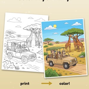 May include: A colouring page set featuring a black and white line art illustration and a full-colour version of a safari scene with three people in a jeep observing giraffes. Text includes "Color it your way!", "print", "color!", and "Example coloured with AI".