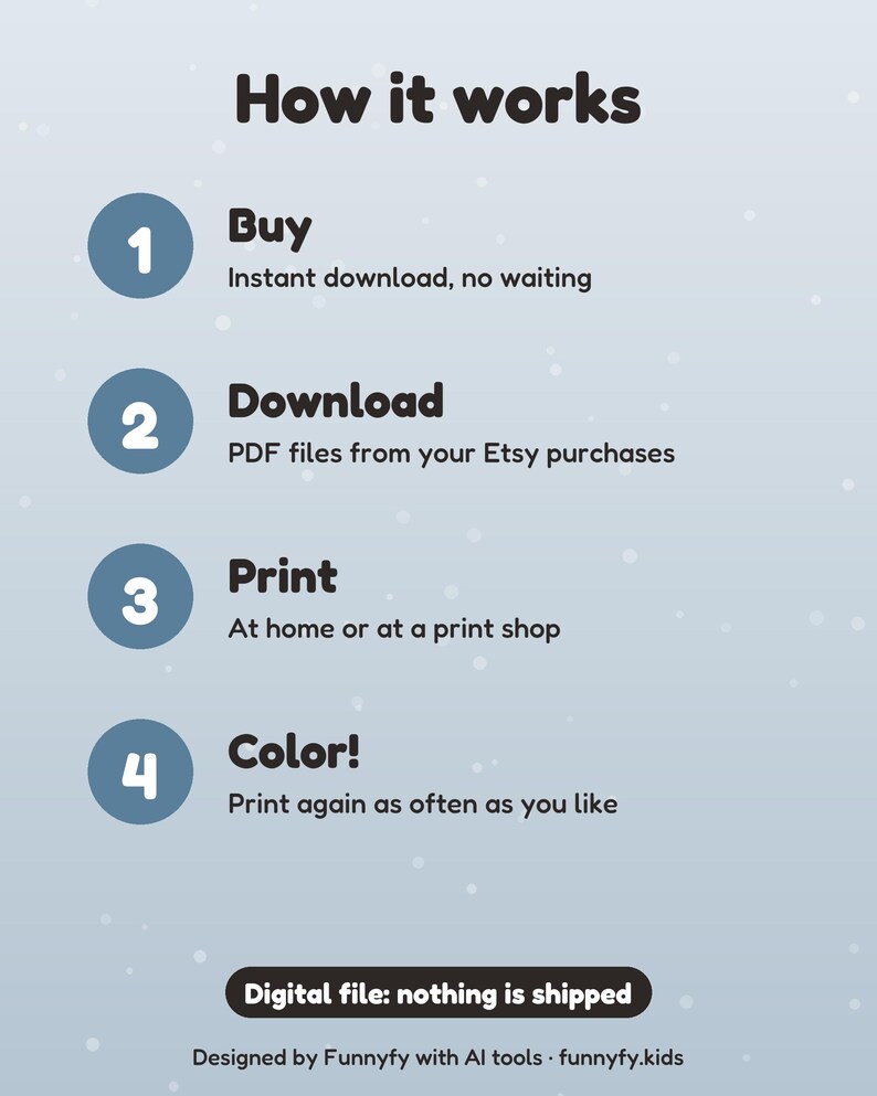 Puede incluir: Un gr&aacute;fico instructivo titulado How it works con cuatro pasos numerados: 1 Buy, 2 Download PDF files from your Etsy purchases, 3 Print at home or at a print shop y 4 Color. Incluye el aviso Digital file: nothing is shipped.