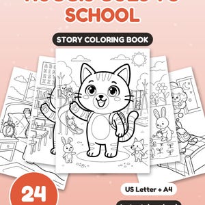 Puede incluir: Un libro para colorear de 24 páginas titulado Nuggis Goes To School, con ilustraciones en blanco y negro de un gato, un conejo y un zorro en varios escenarios. La portada muestra el título e incluye los formatos US Letter y A4.