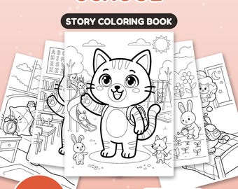 May include: A 24-page story coloring book titled Nuggis Goes To School, featuring black and white line art illustrations of a cat character, a rabbit, and a fox in various settings. The cover displays the title and includes US Letter and A4 sizes.