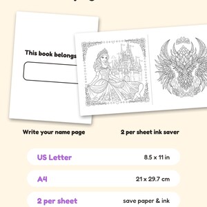 May include: Coloring book pages featuring a 'This book belongs to' name plate, a princess in a gown before a castle, and a detailed dragon head. Text includes 'Bonus pages & formats', 'US Letter 8.5 x 11 in', 'A4 21 x 29.7 cm', and '2 per sheet ink saver'.