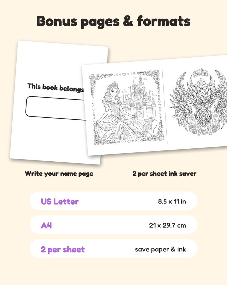 May include: Coloring book pages featuring a 'This book belongs to' name plate, a princess in a gown before a castle, and a detailed dragon head. Text includes 'Bonus pages & formats', 'US Letter 8.5 x 11 in', 'A4 21 x 29.7 cm', and '2 per sheet ink saver'.