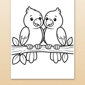 May include: A black and white colouring page featuring two cartoon parrots perched side by side on a tree branch with leaves. The text "Big spaces for little hands" is printed in white on a brown rectangular banner at the bottom.