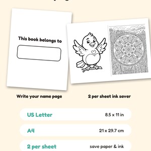 K&ouml;nnte beinhalten: Ein digitales Malbuch-Seitenset mit einer 'This book belongs to'-Namensseite und einem Blatt mit einem Cartoon-Vogel und einem Schmetterlings-Mandala. Der Text umfasst 'Bonus pages & formats', 'US Letter 8.5 x 11 in', 'A4 21 x 29.7 cm' und '2 per sheet ink saver'.