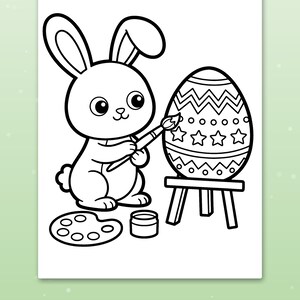 Puede incluir: Una p&aacute;gina para colorear en blanco y negro con un conejo de dibujos animados que sostiene un pincel y pinta un huevo de Pascua con patrones sobre un taburete peque&ntilde;o. Debajo hay una paleta y un bote de pintura. El texto dice Big spaces for little hands.