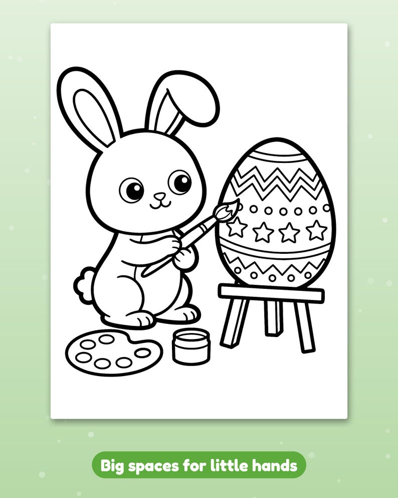 Puede incluir: Una p&aacute;gina para colorear en blanco y negro con un conejo de dibujos animados que sostiene un pincel y pinta un huevo de Pascua con patrones sobre un taburete peque&ntilde;o. Debajo hay una paleta y un bote de pintura. El texto dice Big spaces for little hands.