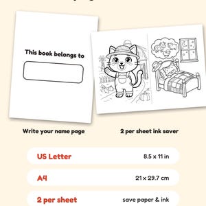 May include: A digital coloring book page set featuring a 'This book belongs to' name page and a two-per-sheet ink saver layout with a cat in overalls and a sleeping cat. Text includes 'Bonus pages & formats', 'US Letter 8.5 x 11 in', 'A4 21 x 29.7 cm'.