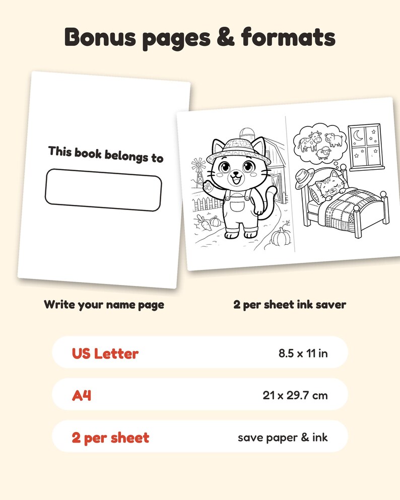 May include: A digital coloring book page set featuring a 'This book belongs to' name page and a two-per-sheet ink saver layout with a cat in overalls and a sleeping cat. Text includes 'Bonus pages & formats', 'US Letter 8.5 x 11 in', 'A4 21 x 29.7 cm'.