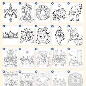 Puede incluir: Una colecci&oacute;n de 20 p&aacute;ginas para colorear en blanco y negro con temas navide&ntilde;os y festivos, que incluyen una pi&ntilde;ata, escenas de nacimiento, un camello, coronas, una flor de pascua, una taza, una vela, un pastor y actividades.