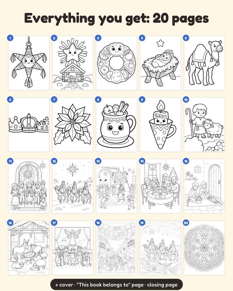 Puede incluir: Una colecci&oacute;n de 20 p&aacute;ginas para colorear en blanco y negro con temas navide&ntilde;os y festivos, que incluyen una pi&ntilde;ata, escenas de nacimiento, un camello, coronas, una flor de pascua, una taza, una vela, un pastor y actividades.
