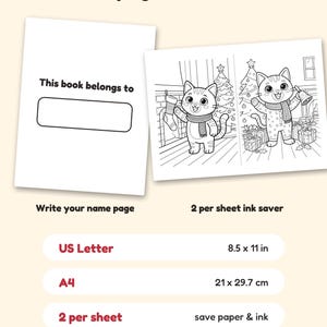 May include: A digital coloring book page set featuring a 'This book belongs to' name page and two cat-themed Christmas illustrations. The text includes 'Bonus pages & formats', 'US Letter 8.5 x 11 in', 'A4 21 x 29.7 cm', and '2 per sheet save paper & ink'.
