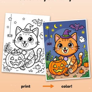 May include: A Halloween coloring page featuring a cat wearing a witch hat next to a jack-o'-lantern, with a bat, spider, and stars. The text reads Color it your way! print color! Example colored with AI, for inspiration (pages come in black & white).