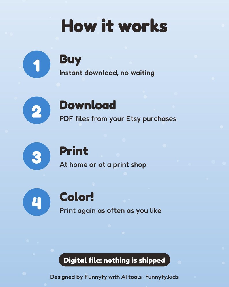 May include: An instructional graphic on a light blue background titled How it works. It lists four steps: 1 Buy, 2 Download PDF files, 3 Print at home or a shop, and 4 Color. A black button states Digital file: nothing is shipped.