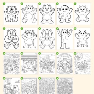 May include: A digital colouring book set featuring 19 pages of black and white line art illustrations of monsters in various settings, including party, classroom, and outdoor scenes, with text Everything you get: 19 pages.