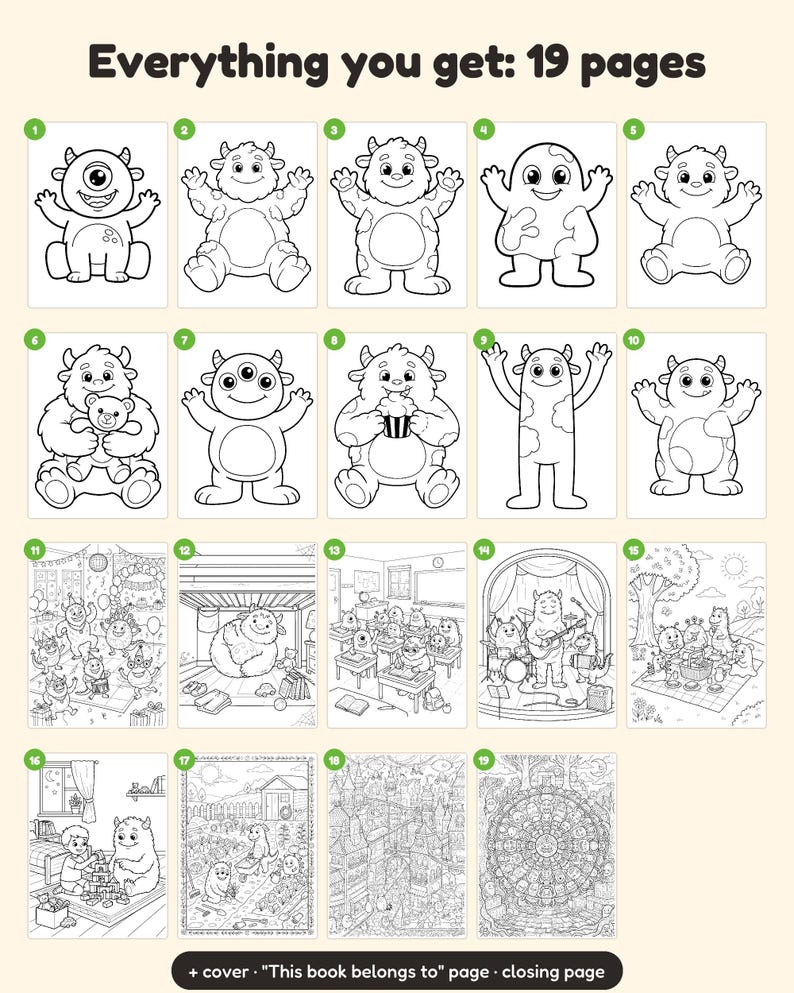 May include: A digital colouring book set featuring 19 pages of black and white line art illustrations of monsters in various settings, including party, classroom, and outdoor scenes, with text Everything you get: 19 pages.