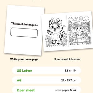 May include: A coloring book page set featuring a 'This book belongs to' name page and a sheet with two illustrations: a cat wearing bunny ears and a frog in a pond. Text includes 'Bonus pages & formats', 'US Letter 8.5 x 11 in', and 'A4 21 x 29.7 cm'.