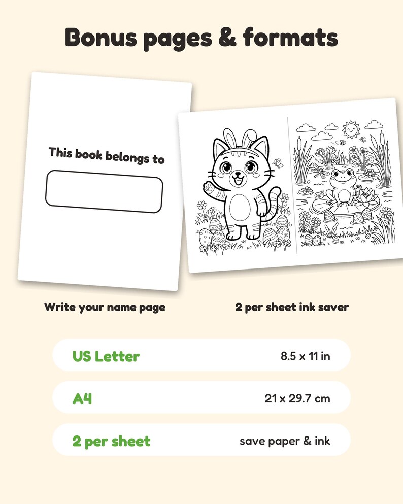 May include: A coloring book page set featuring a 'This book belongs to' name page and a sheet with two illustrations: a cat wearing bunny ears and a frog in a pond. Text includes 'Bonus pages & formats', 'US Letter 8.5 x 11 in', and 'A4 21 x 29.7 cm'.