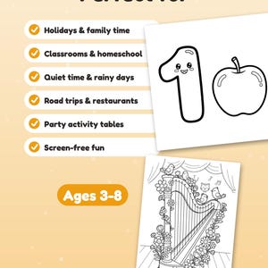 May include: A coloring page set featuring a number one with a face next to an apple, and a second page showing a harp decorated with flowers and birds. Text includes Perfect for, Holidays & family time, Classrooms & homeschool, Quiet time & rainy days, Road trips & restaurants, Party activity tables, Screen-free fun, and Ages 3-8.