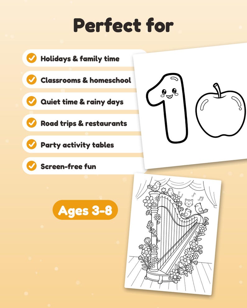 May include: A coloring page set featuring a number one with a face next to an apple, and a second page showing a harp decorated with flowers and birds. Text includes Perfect for, Holidays & family time, Classrooms & homeschool, Quiet time & rainy days, Road trips & restaurants, Party activity tables, Screen-free fun, and Ages 3-8.