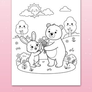 May include: A black and white coloring page featuring a cartoon bear and rabbit holding a bouquet of flowers in a meadow with trees, clouds, and a sun. The text at the bottom reads Big spaces for little hands in white on a pink background.