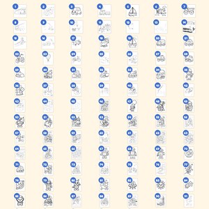 Op de afbeelding: Een kleurboek met 96 genummerde pagina's met zwart-wit lijntekeningen van voertuigen, robots en ruimtethema's. De tekst bovenaan luidt Everything you get: 96 pages en onderaan is een omslagpagina inbegrepen.