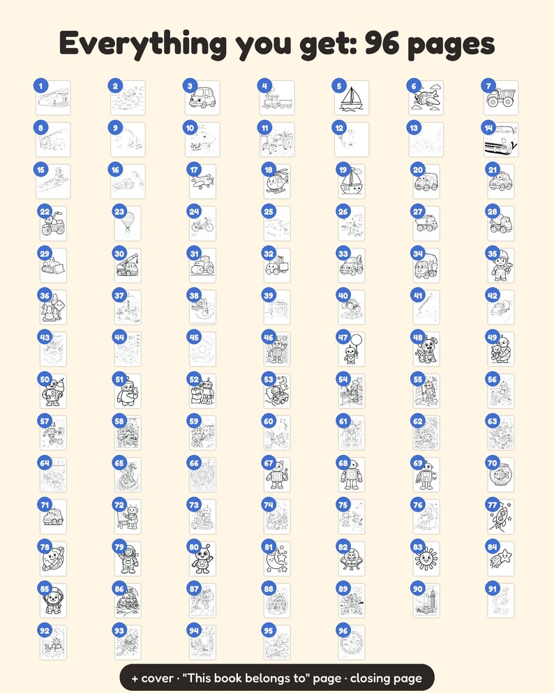 Op de afbeelding: Een kleurboek met 96 genummerde pagina's met zwart-wit lijntekeningen van voertuigen, robots en ruimtethema's. De tekst bovenaan luidt Everything you get: 96 pages en onderaan is een omslagpagina inbegrepen.