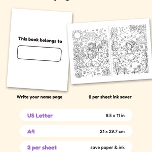May include: A digital coloring book page set featuring a 'This book belongs to' name page and two black and white illustrations of fairies and a unicorn. Text includes 'Bonus pages & formats', 'Write your name page', '2 per sheet ink saver', 'US Letter 8.5 x 11 in', 'A4 21 x 29.7 cm', and '2 per sheet save paper & ink'.