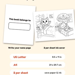 May include: A printable coloring book page set featuring a 'This book belongs to' name page and a two-per-sheet ink saver layout showing a cat character in a bedroom. Text includes 'Bonus pages & formats', 'US Letter 8.5 x 11 in', 'A4 21 x 29.7 cm', and '2 per sheet'.