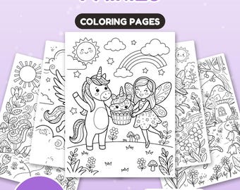 May include: A collection of 30 coloring pages titled UNICORNS & FAIRIES. The central page features a line art illustration of a unicorn and a fairy holding a cupcake together under a sun, clouds, and rainbow. Additional pages show floral and forest scenes.