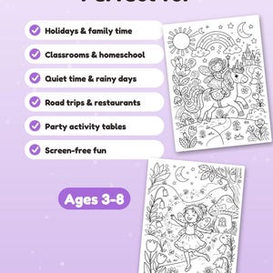 May include: Two black and white coloring pages featuring a fairy riding a unicorn and a fairy in a garden. The text reads: Perfect for, Holidays & family time, Classrooms & homeschool, Quiet time & rainy days, Road trips & restaurants, Party activity tables, Screen-free fun, Ages 3-8.