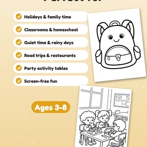 Puede incluir: Un conjunto de p&aacute;ginas para colorear con una ilustraci&oacute;n de mochila y una escena de aula con ni&ntilde;os almorzando. El texto incluye "Perfect for" seguido de una lista de actividades y el rango "Ages 3-8" en un &oacute;valo amarillo.