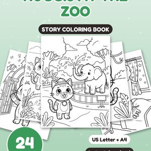 Peut inclure: Un livre de coloriage intitul&eacute; Nuggis at the Zoo comprenant 24 pages aux formats US Letter et A4. La couverture pr&eacute;sente une illustration en noir et blanc d'un chat portant un casque et une m&eacute;daille, debout pr&egrave;s d'un &eacute;l&eacute;phant dans un zoo.