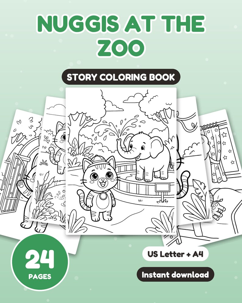 Peut inclure: Un livre de coloriage intitul&eacute; Nuggis at the Zoo comprenant 24 pages aux formats US Letter et A4. La couverture pr&eacute;sente une illustration en noir et blanc d'un chat portant un casque et une m&eacute;daille, debout pr&egrave;s d'un &eacute;l&eacute;phant dans un zoo.