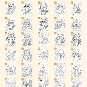 May include: A collection of 30 black and white coloring pages featuring cats in summer settings, beach scenes, and marine life. The text Everything you get: 30 pages is at the top, and + cover "This book belongs to" page &middot; closing page is at the bottom.