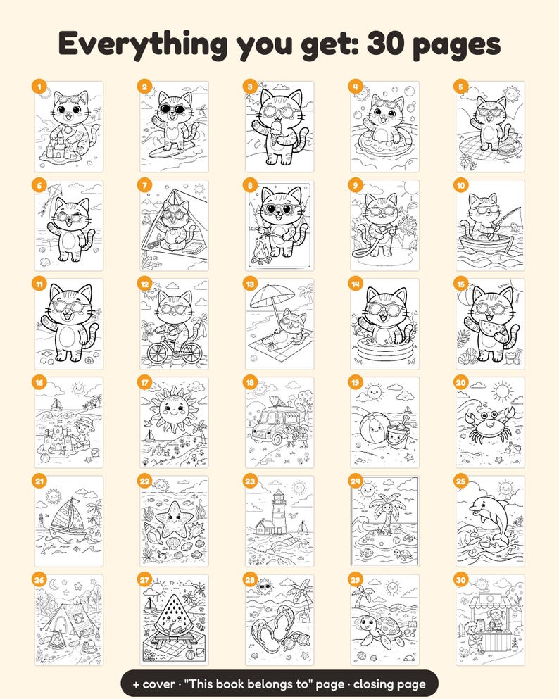 May include: A collection of 30 black and white coloring pages featuring cats in summer settings, beach scenes, and marine life. The text Everything you get: 30 pages is at the top, and + cover "This book belongs to" page &middot; closing page is at the bottom.